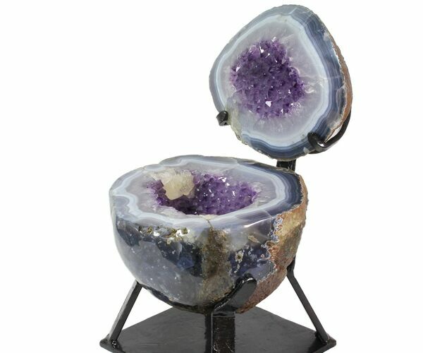 Agate & Amethyst Jewelry Box Geode With Metal Stand #116282